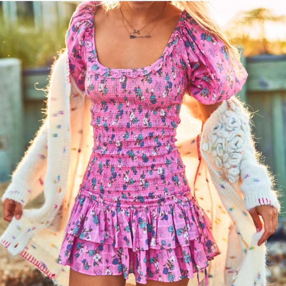 Loveshackfancy Violet Hollywood Pink Floral Smocked Dress with Ruffle Hem XS